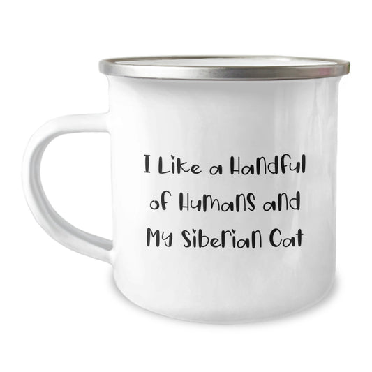 Siberian Cat Lover's Camping Mug, Funny Quote 'I Like a Handful of Humans and My Siberian Cat', Unique Father's Day Unique Gifts from Men to Family - Image 1