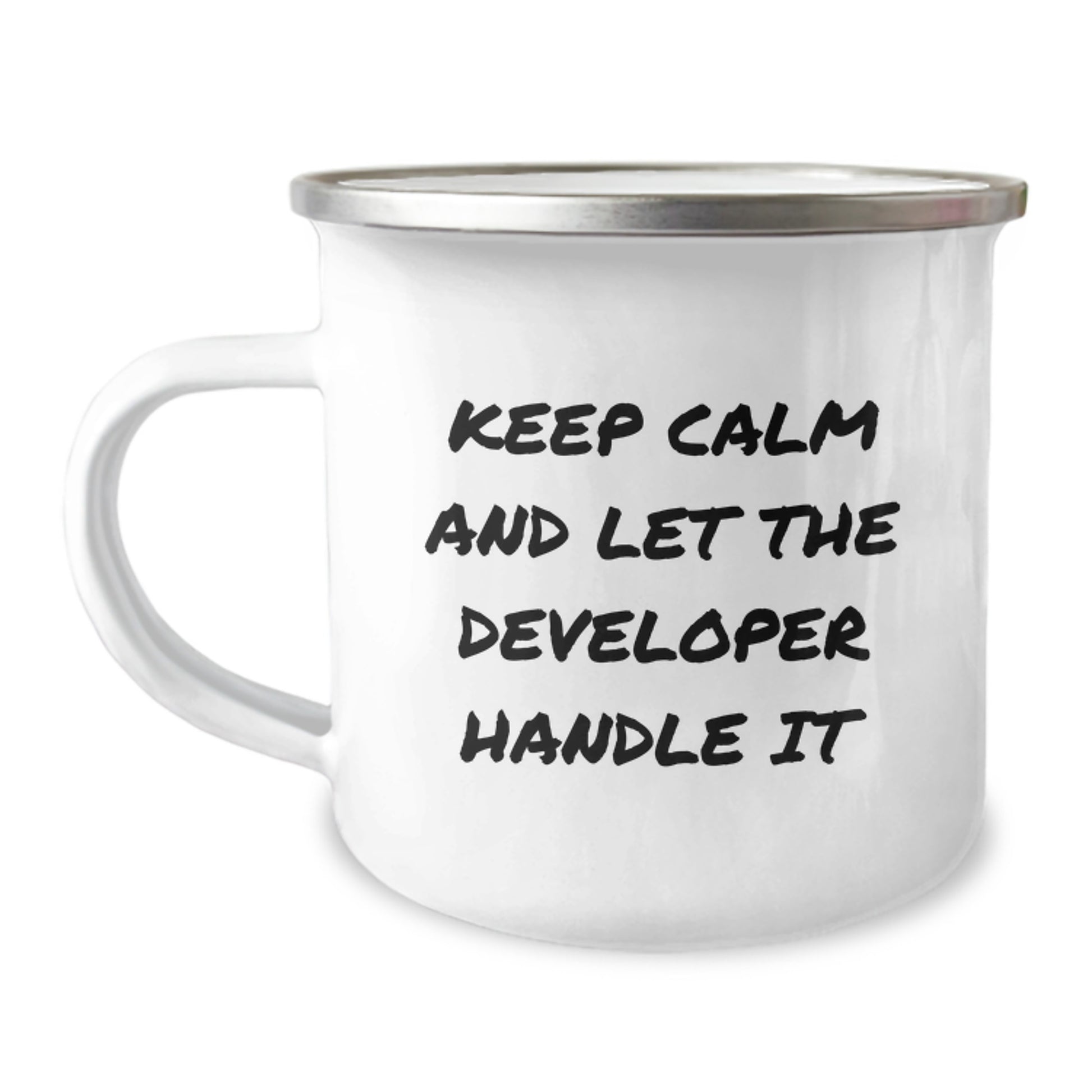 Funny Developer Gifts for Valentine's - Keep Calm and Let the Developer Handle It Camping Mug for Developer Friends and Family - Image 1