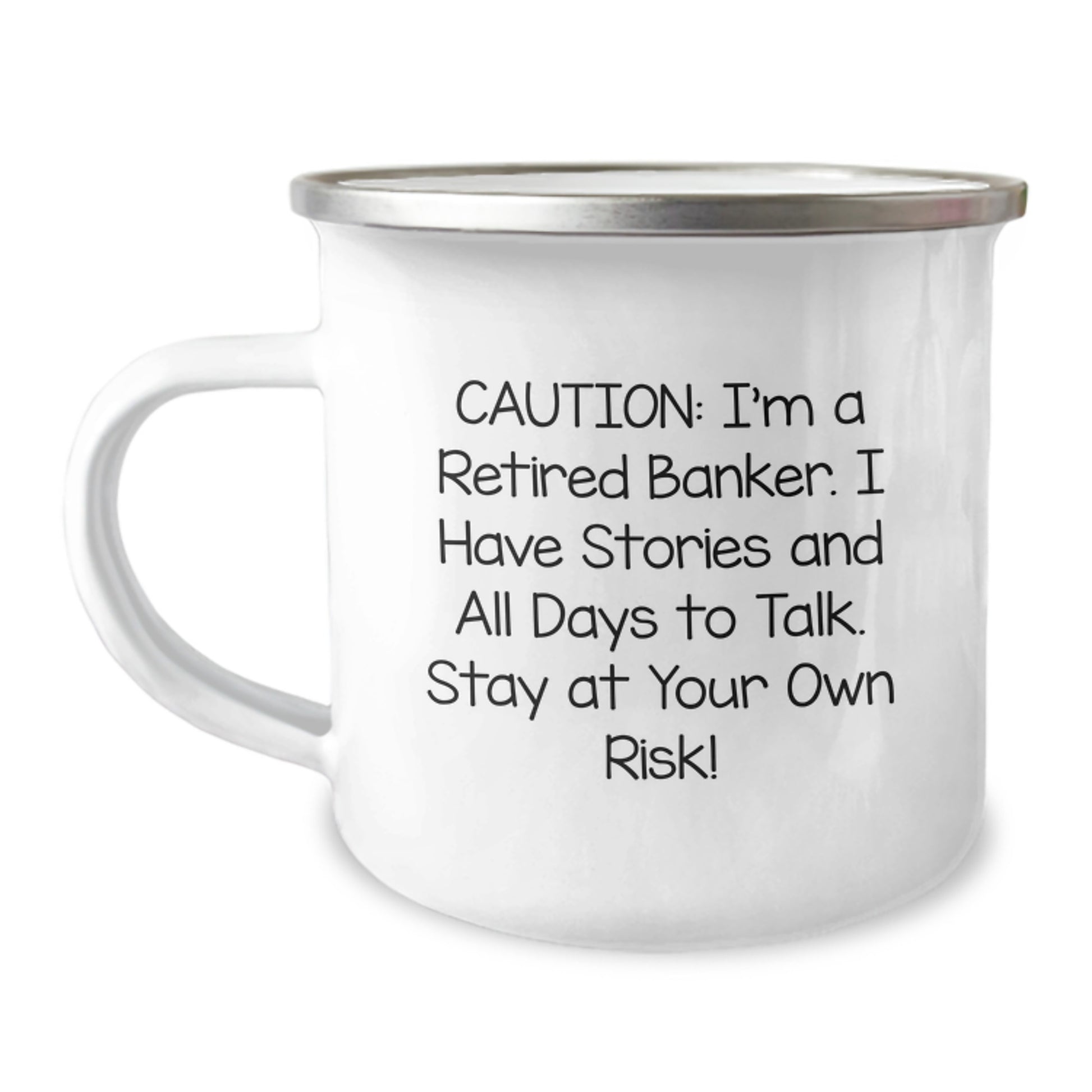 Funny Banker Retirement Camping Mug Gifts for Friends from Coworkers, Birthday Unique Ideas for Men Women, 'Caution: Retired Banker Here to Talk' - Image 1