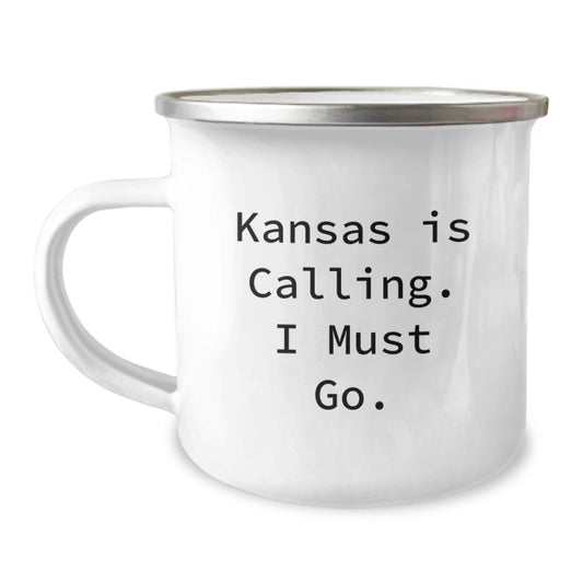 Funny Kansas Gifts for Men from Friends - 'Kansas Is Calling, I Must Go' Camping Mug for Graduation - Image 1
