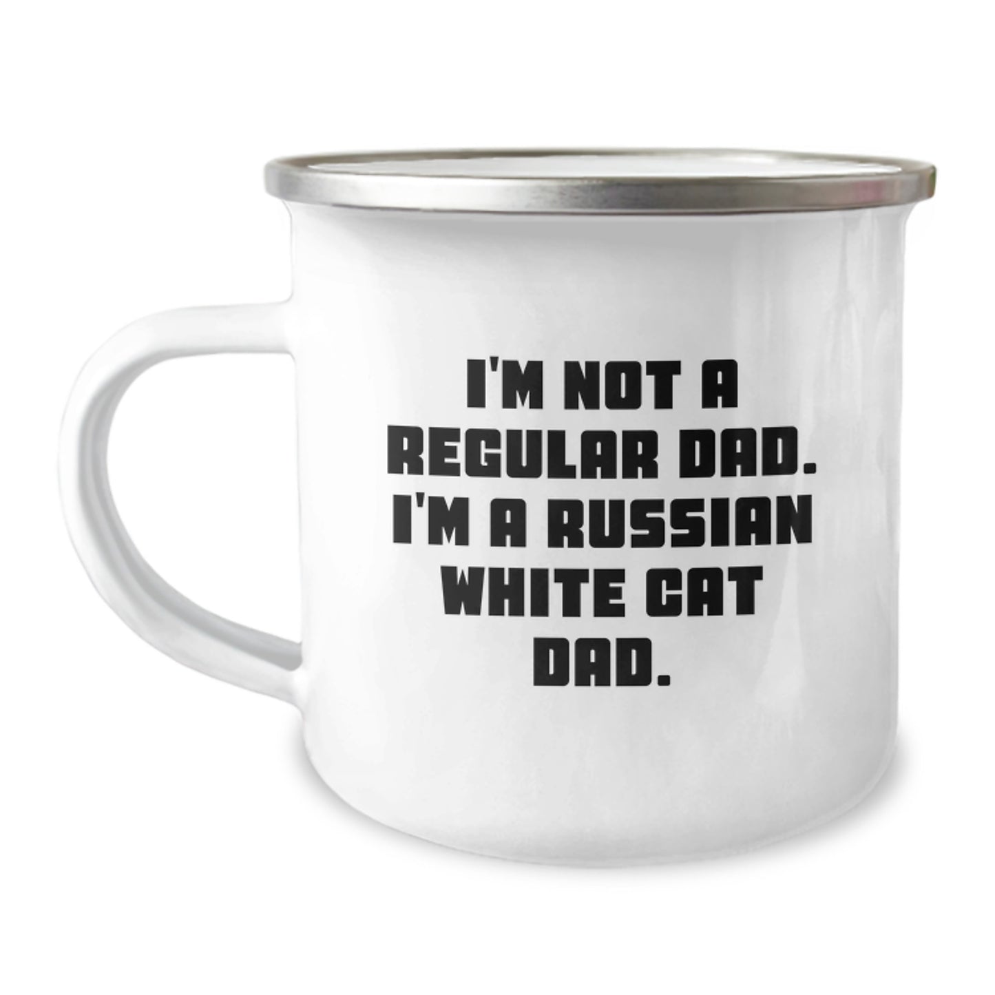 Funny Russian White Cat Dad Gifts for Dad, Unique Graduation Unique Gifts for Men, Camping Mug with Enamel Finish - Image 1