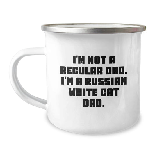 Funny Russian White Cat Dad Gifts for Dad, Unique Graduation Unique Gifts for Men, Camping Mug with Enamel Finish - Image 1