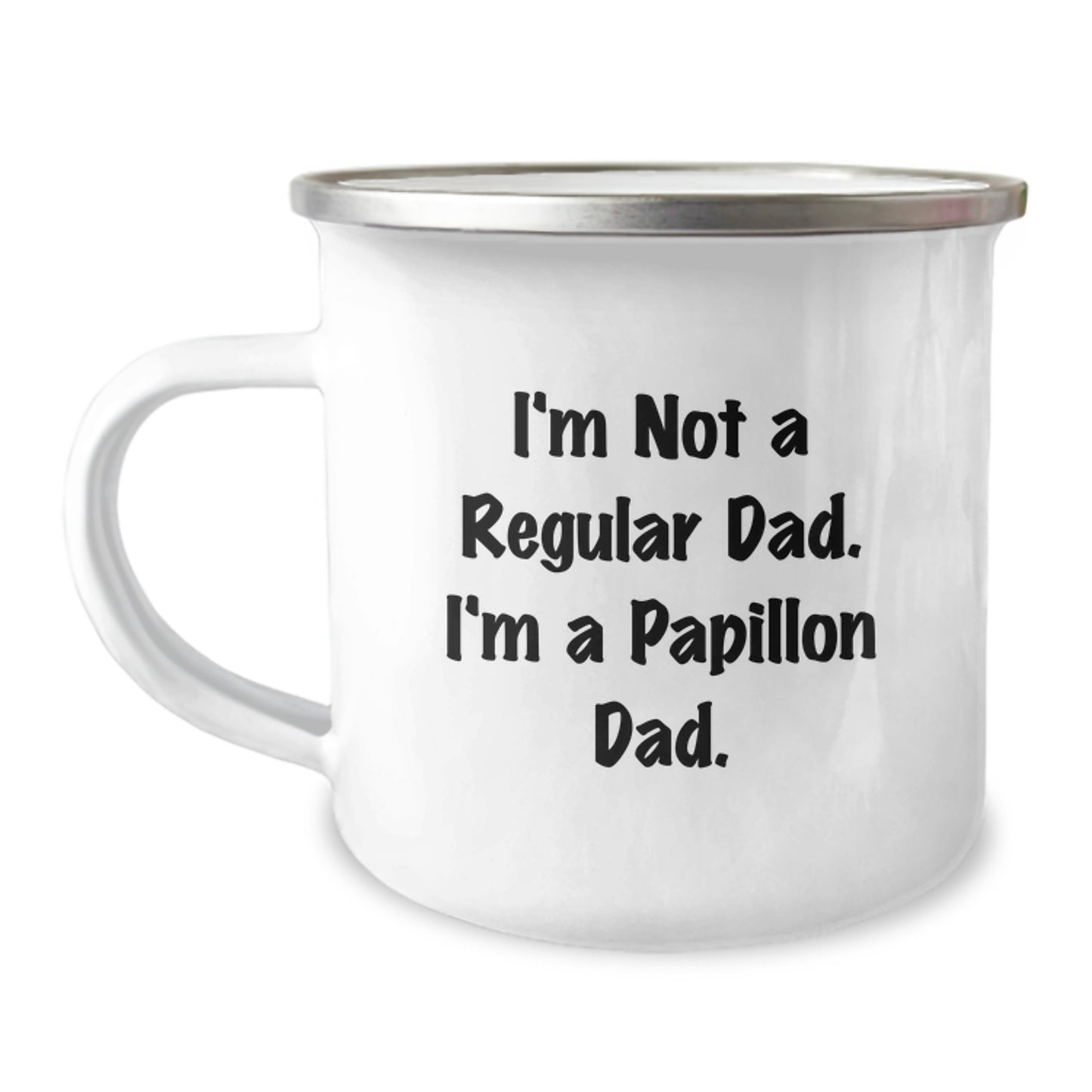 Funny Papillon Dog Camping Mug Gifts from Dad to Son for Graduation, Unique Papillon Dad Quote, Enamel Finish Stainless Steel - Image 1