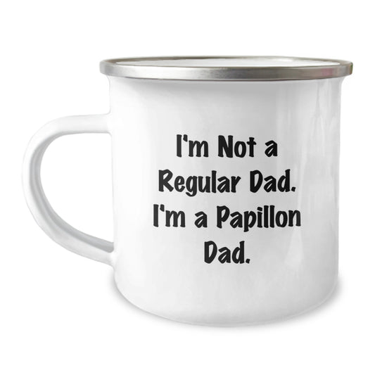 Funny Papillon Dog Camping Mug Gifts from Dad to Son for Graduation, Unique Papillon Dad Quote, Enamel Finish Stainless Steel - Image 1