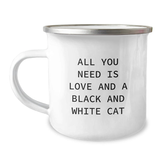 Black and White Cat Gifts from Friends to Family for Graduation Unique Inspirational Camping Mugs - All You Need Is Love And A Black And White Cat - Image 1