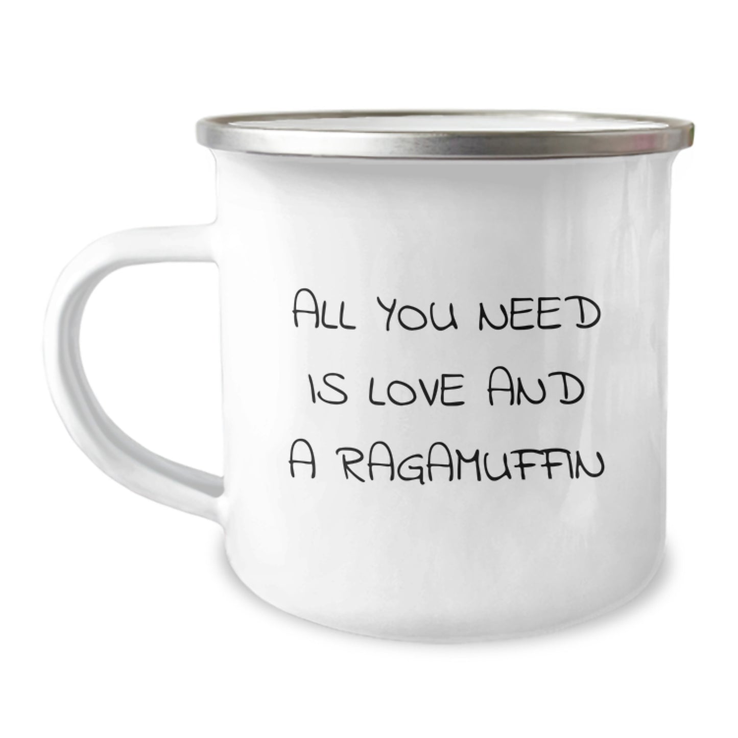 Funny Ragamuffin Cat Camping Mug, Gifts from Men to Friends for Graduation, 'All You Need Is Love And A Ragamuffin' Quote - Image 1