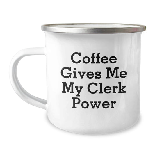 Funny Clerk Camping Mugs Gifts from Friends for Men - Christmas Unique Gifts with 'Coffee Gives Me My Clerk Power' Quote - Image 1