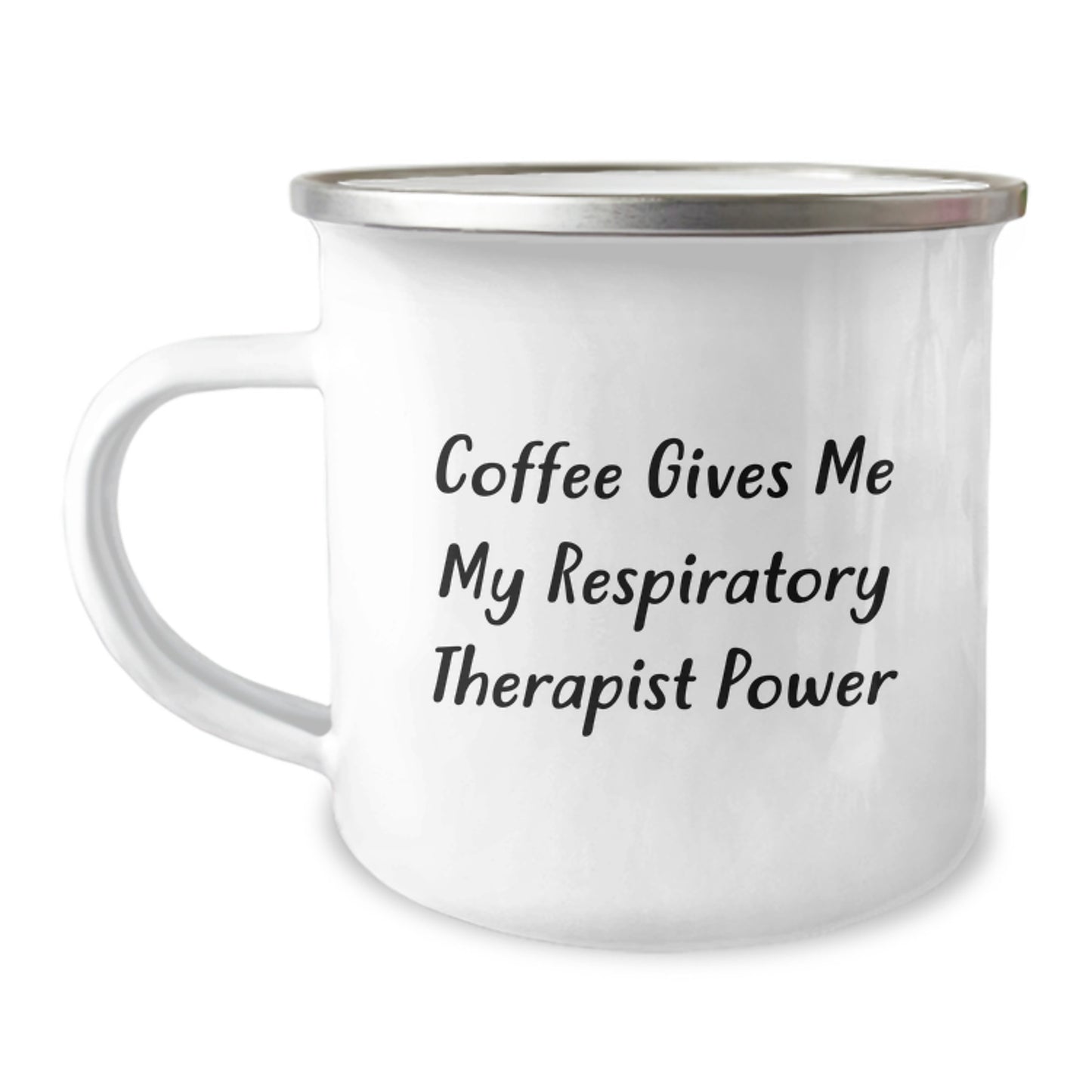 Funny Respiratory Therapist Gifts for Graduation - Coffee Gives Me My Power - Enamel Camping Mug - Image 1