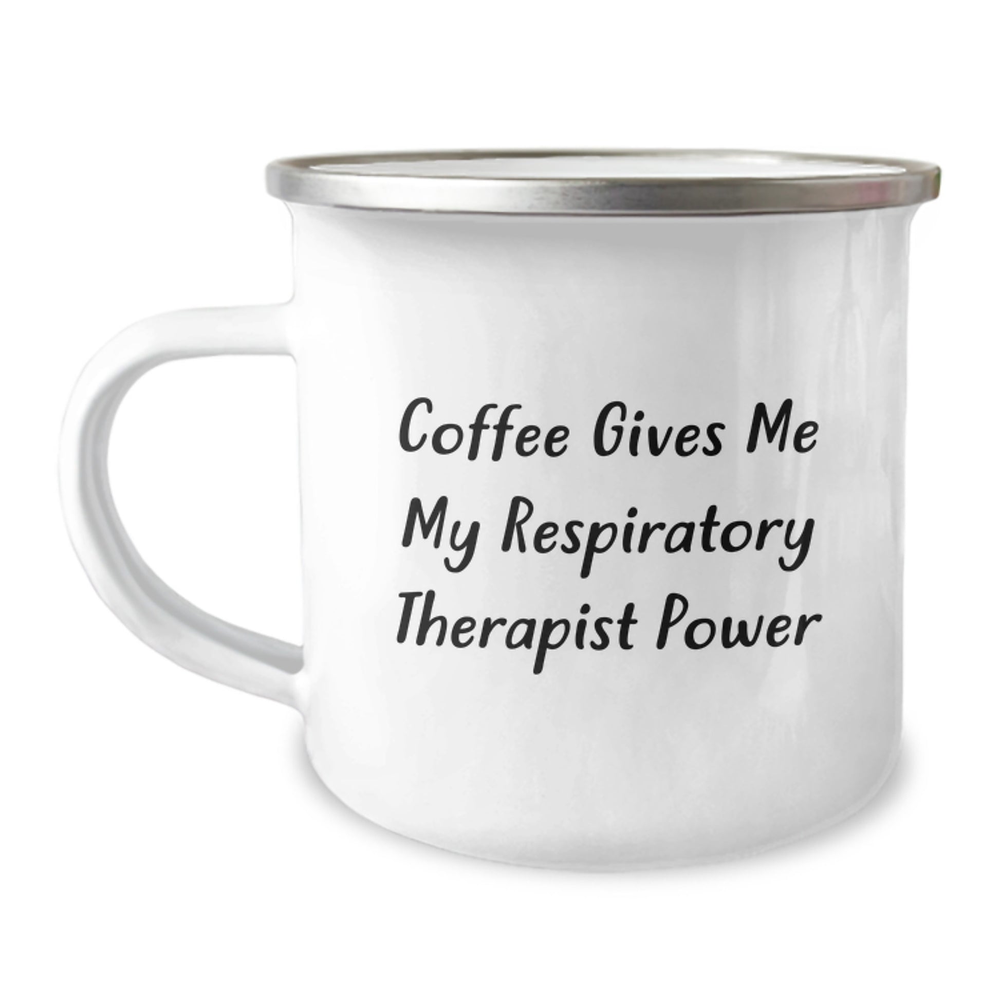 Funny Respiratory Therapist Gifts for Graduation - Coffee Gives Me My Power - Enamel Camping Mug - Image 1