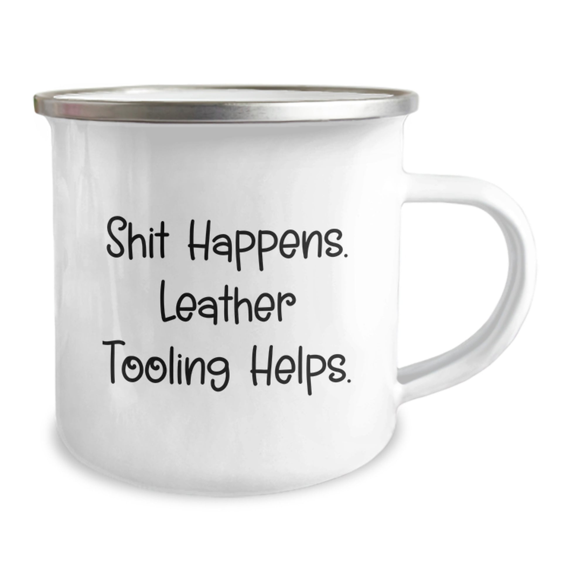 Handcrafted Leather Tooling Gifts from Men, Unique Leather Tooling Camping Mug, Funny Quote 'Shit Happens. Leather Tooling Helps.', Christmas Unique Gifts for Friends, Coworkers, Family - Image 2