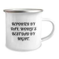 Load image into Gallery viewer, Reporter By Day, Funny World's Best Dad By Night Gifts for Birthday Camping Mug, 12 oz Stainless Steel with Enamel Finish, Unique Gifts from Family, Friends, or Coworkers for Reporter - Image 2
