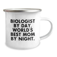 Load image into Gallery viewer, Funny Biologist Gifts for Valentine's - 'Biologist By Day, World's Best Mom By Night' Camping Mug for Biologist Enthusiasts, Stainless Steel with Enamel Finish, 12 oz Capacity - Image 2
