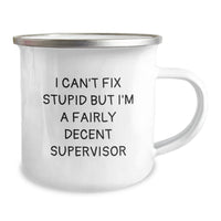 Load image into Gallery viewer, Funny Supervisor Gifts, I Can&#39;t Fix Stupid But I&#39;m A Fairly Decent Supervisor, 12oz Camping Mug, Birthday Unique Gifts from Friends to Supervisor - Image 2
