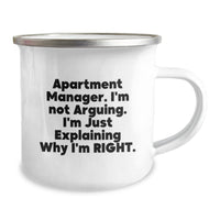 Load image into Gallery viewer, Funny Apartment Manager Gifts, &#39;I&#39;m Not Arguing. I&#39;m Just Explaining Why I&#39;m Right.&#39; Enamel Camping Mug for Men, Women, Coworkers, Family from Friends, Unique Graduation Gifts - Image 2
