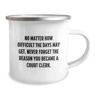 Load image into Gallery viewer, Funny Court Clerk Christmas Unique Gifts from Coworkers to Court Clerks, &#39;No Matter How Difficult The Days Get&#39; Camping Mug, Stainless Steel with Enamel Finish - Image 2

