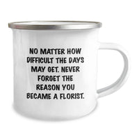 Load image into Gallery viewer, Gifts from Florists to Florists, Inspirational Quote Camping Mug for Birthday, No Matter How Difficult The Days May Get, 12 oz Stainless Steel with Enamel Finish, Hand Wash, Permanent Printing - Image 2
