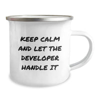 Load image into Gallery viewer, Funny Developer Gifts for Valentine's - Keep Calm and Let the Developer Handle It Camping Mug for Developer Friends and Family - Image 2
