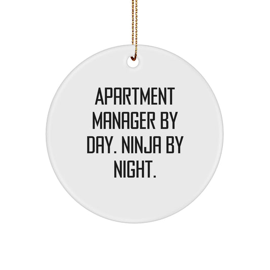Funny Apartment Manager Gifts for Men - 'Apartment Manager By Day, Ninja By Night' Christmas Ornaments, Circle Shaped MDF Decor, Gifts from Friends - Image 1