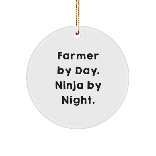 Funny Farmer Ornaments - Gifts from Friends to Farmer Men - Christmas Unique Ornaments - Circle Shaped White Decorations - 'Farmer By Day. Ninja By Night.' - Image 1