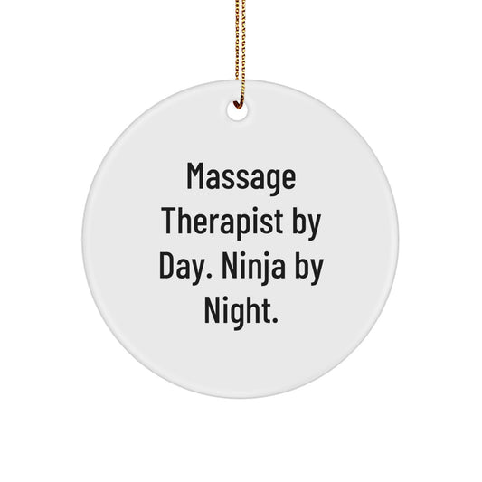 Funny Massage Therapist Gifts from Men Christmas Unique Circle Ornament for Friends, Family and Coworkers - 'Massage Therapist By Day. Ninja By Night.' - Image 1
