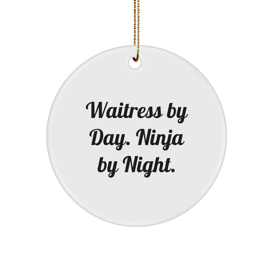 Funny Waitress Gifts from Men - 'Waitress By Day. Ninja By Night.' Christmas Unique Circle Ornament - Image 1