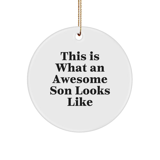 Funny Son Gifts from Family - 'This Is What An Awesome Son Looks Like' Circle Ornament for Christmas - Image 1