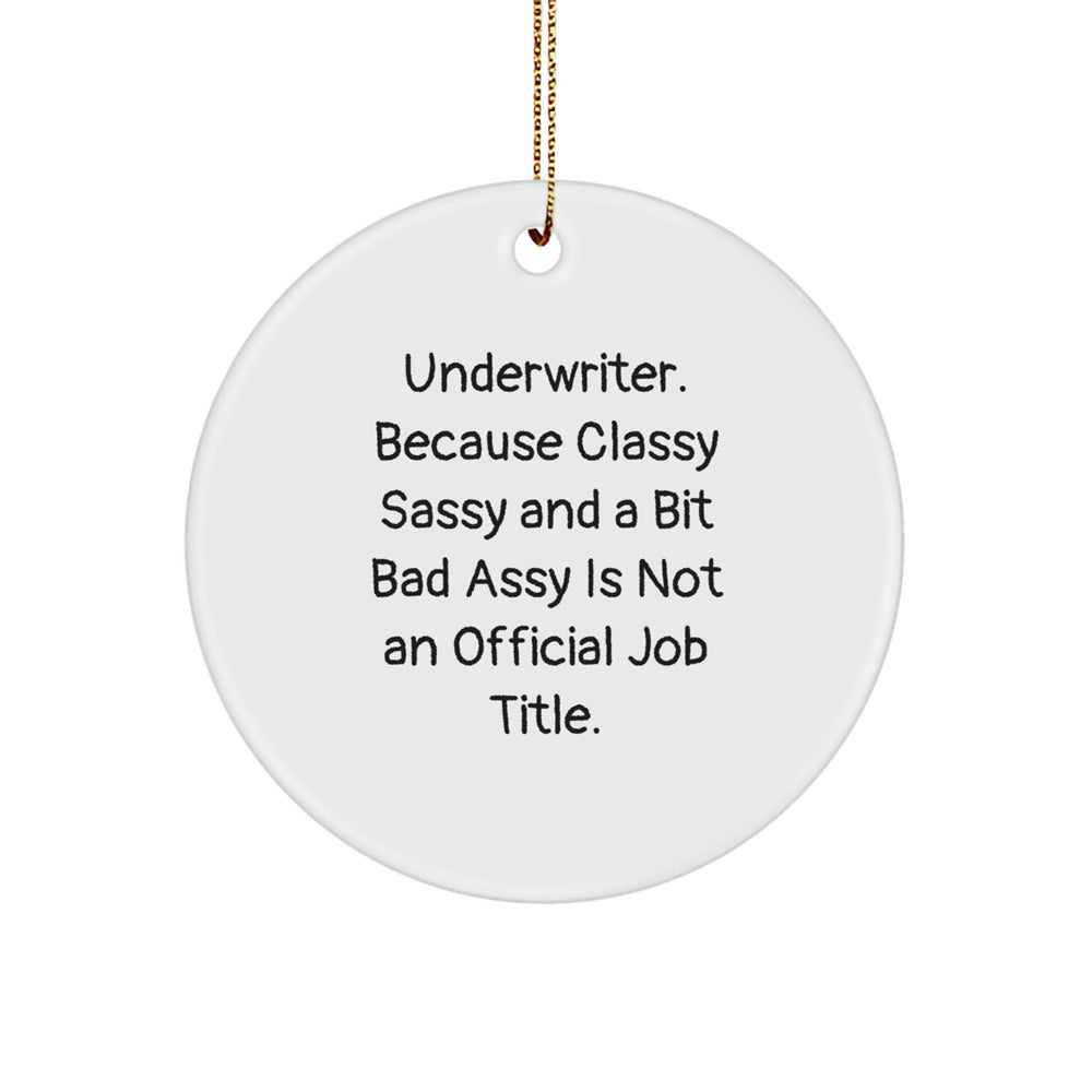 Underwriter Funny Circle Ornament, Gifts from Friends to Underwriter, Christmas Unique Gifts, 'Underwriter. Because Classy Sassy And A Bit Fearlessy Is Not An Official Job Title.' - Image 1