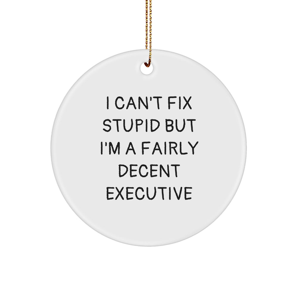 Executive Gifts from Friends - Funny Circle Ornament for Christmas - 'I Can't Fix Stupid But I'm A Fairly Decent Executive' Quote Gifts for Men - Image 1