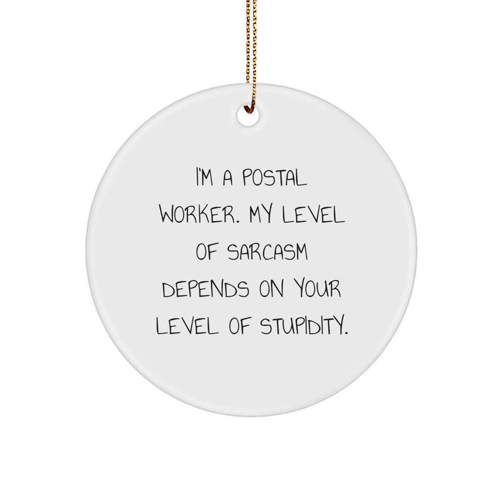 Funny Postal Worker Gifts, Gifts from Friends for Men, 'I'm A Postal Worker. My Level Of Sarcasm Depends On Your Level Of Stupidity.' Circle Ornament, Christmas Unique Gifts - Image 1