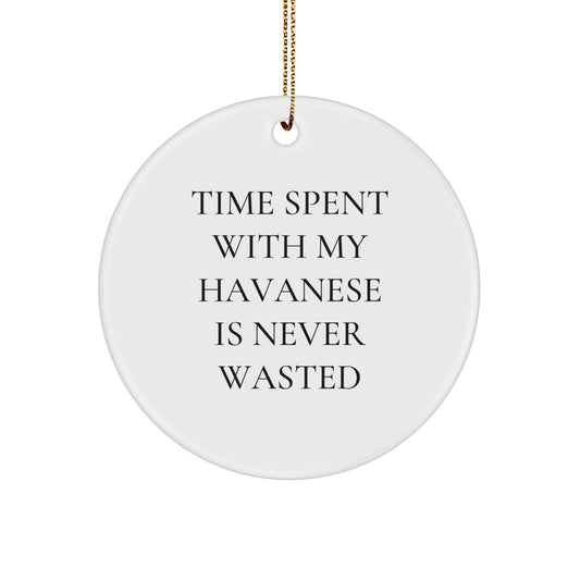 Havanese Dog Lovers' Christmas Unique Gift - Circle Ornament with 'Time Spent with My Havanese Is Never Wasted' Quote, Gifts from Friends for Family - Image 1