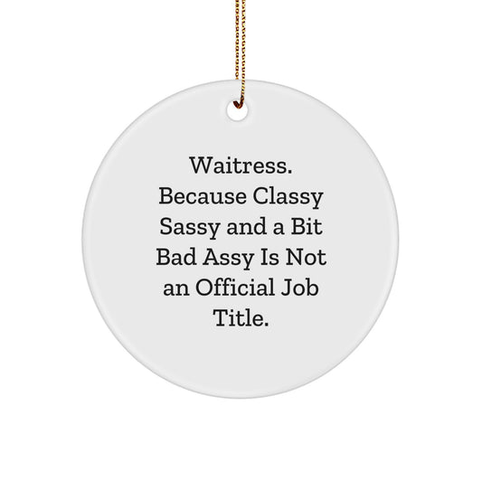 Waitress Gifts from Friends - Circle Ornament with Funny Quote, White, 2.75 inches, Christmas Unique Treasures for Waitress, Men, and Women - Image 1