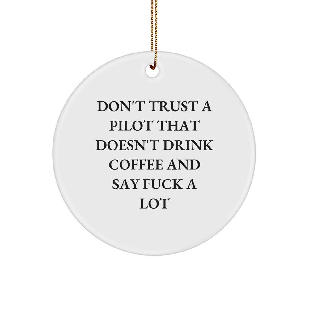 Funny Pilot Gifts for Friends, Coworkers, or Family - 'Don't Trust A Pilot That Doesn't Drink Coffee And Say F--k A Lot' Circle Ornament, White, Christmas - Image 1