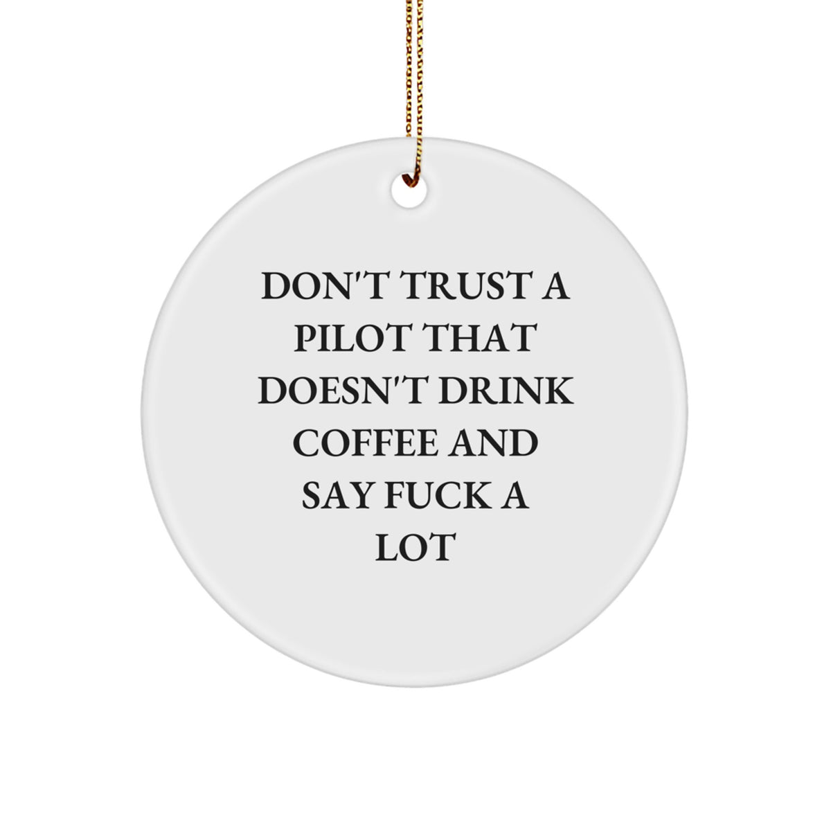 Funny Pilot Gifts for Friends, Coworkers, or Family - 'Don't Trust A Pilot That Doesn't Drink Coffee And Say F--k A Lot' Circle Ornament, White, Christmas - Image 1