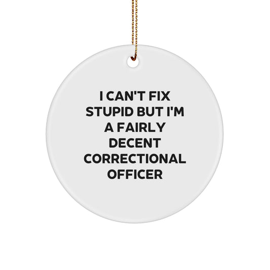 Funny Correctional Officer Gifts from Friends for Men, I Can't Fix Stupid But I'm A Fairly Decent Correctional Officer Circle Ornament, Christmas Unique Gifts - Image 1