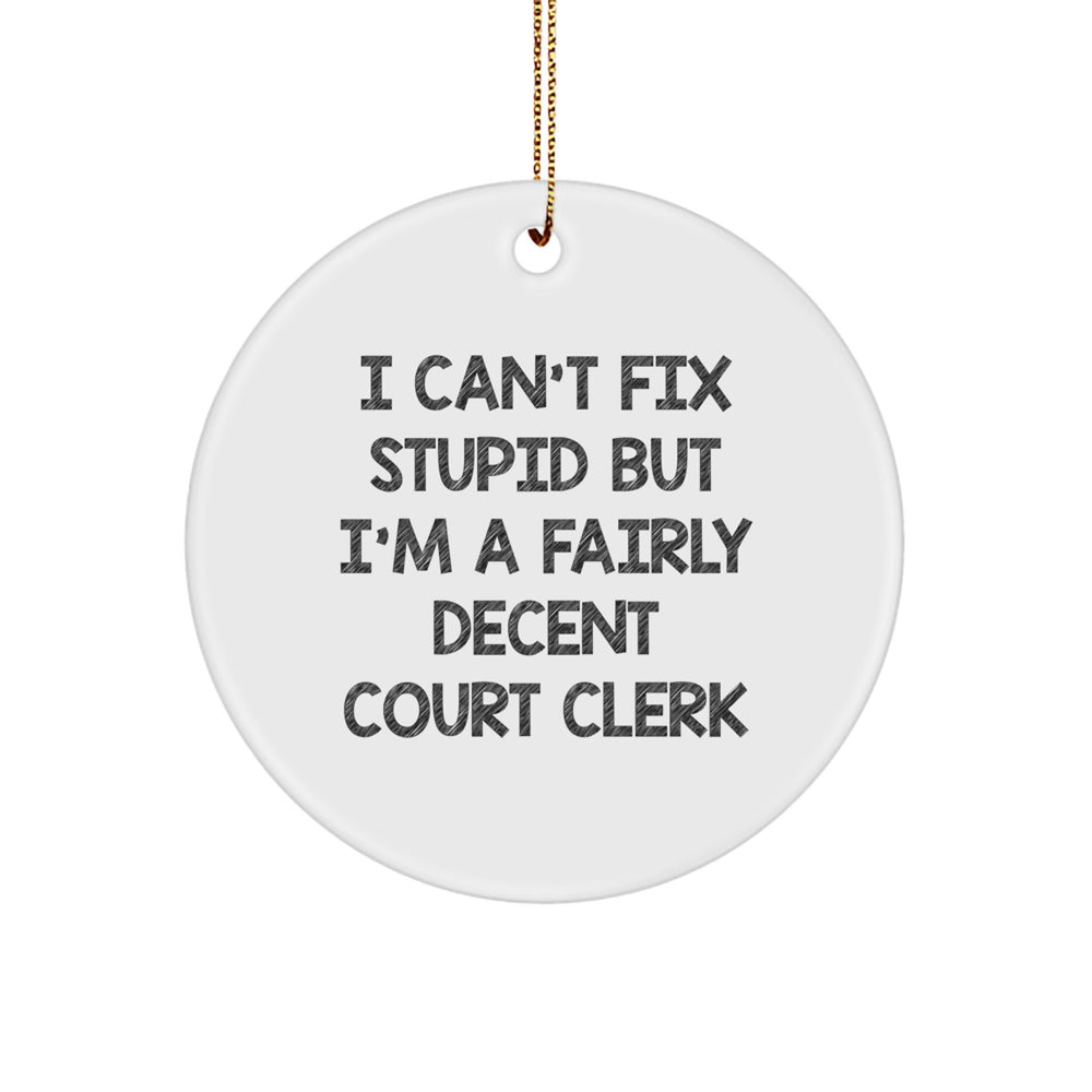 Court Clerk Gifts from Friends, Family, or Coworkers - Funny Circle Ornament with I Can't Fix Stupid But I'm A Fairly Decent Court Clerk Quote for Christmas - Image 1