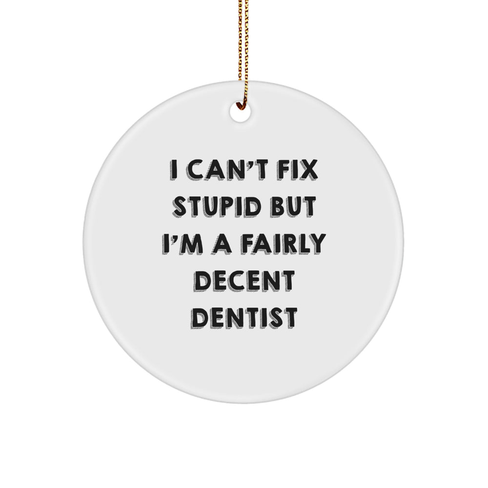 Funny Dentist Gifts for Men, Women, Friends, Coworkers, Family - I Can't Fix Stupid But I'm A Fairly Decent Dentist Circle Ornament for Christmas - Image 1