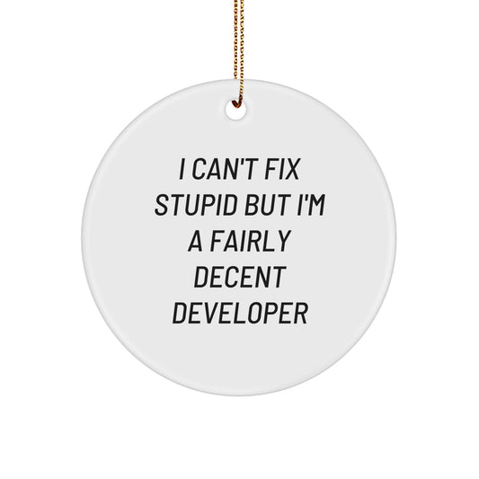 Funny Developer Gifts from Friends for Christmas - I Can't Fix Stupid But I'm A Fairly Decent Developer Circle Ornament - Image 1