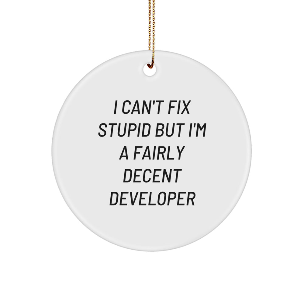 Funny Developer Gifts from Friends for Christmas - I Can't Fix Stupid But I'm A Fairly Decent Developer Circle Ornament - Image 1