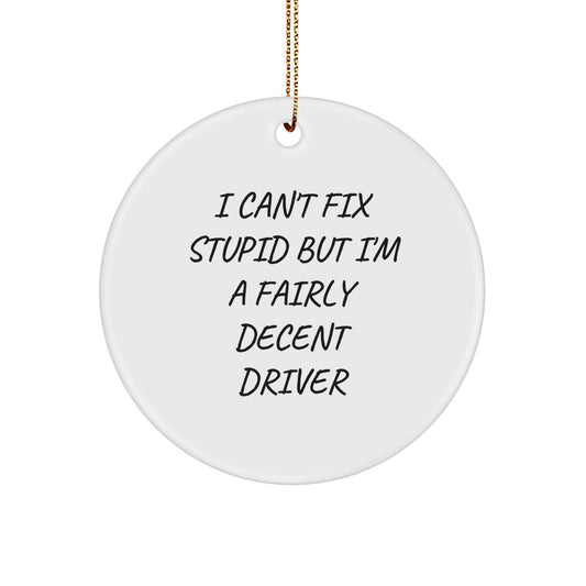 Funny Driver Gifts for Him from Friends - 'I Can't Fix Stupid' Christmas Circle Ornament, Driver Decor, White Color - Image 1