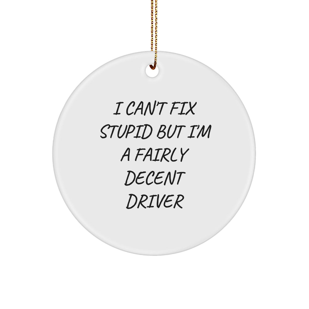 Funny Driver Gifts for Him from Friends - 'I Can't Fix Stupid' Christmas Circle Ornament, Driver Decor, White Color - Image 1