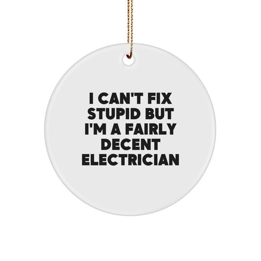 Funny Electrician Gifts from Friends for Christmas - I Can't Fix Stupid But I'm A Fairly Decent Electrician Circle Ornament - Image 1