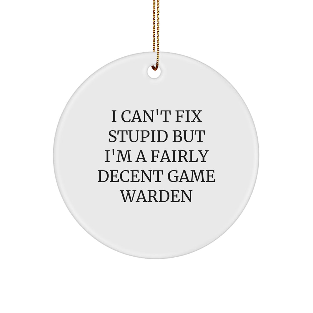 Game Warden Gifts for Men, I Can't Fix Stupid But I'm A Fairly Decent Game Warden, Circle Ornament, Funny Christmas Unique Gift - Image 1