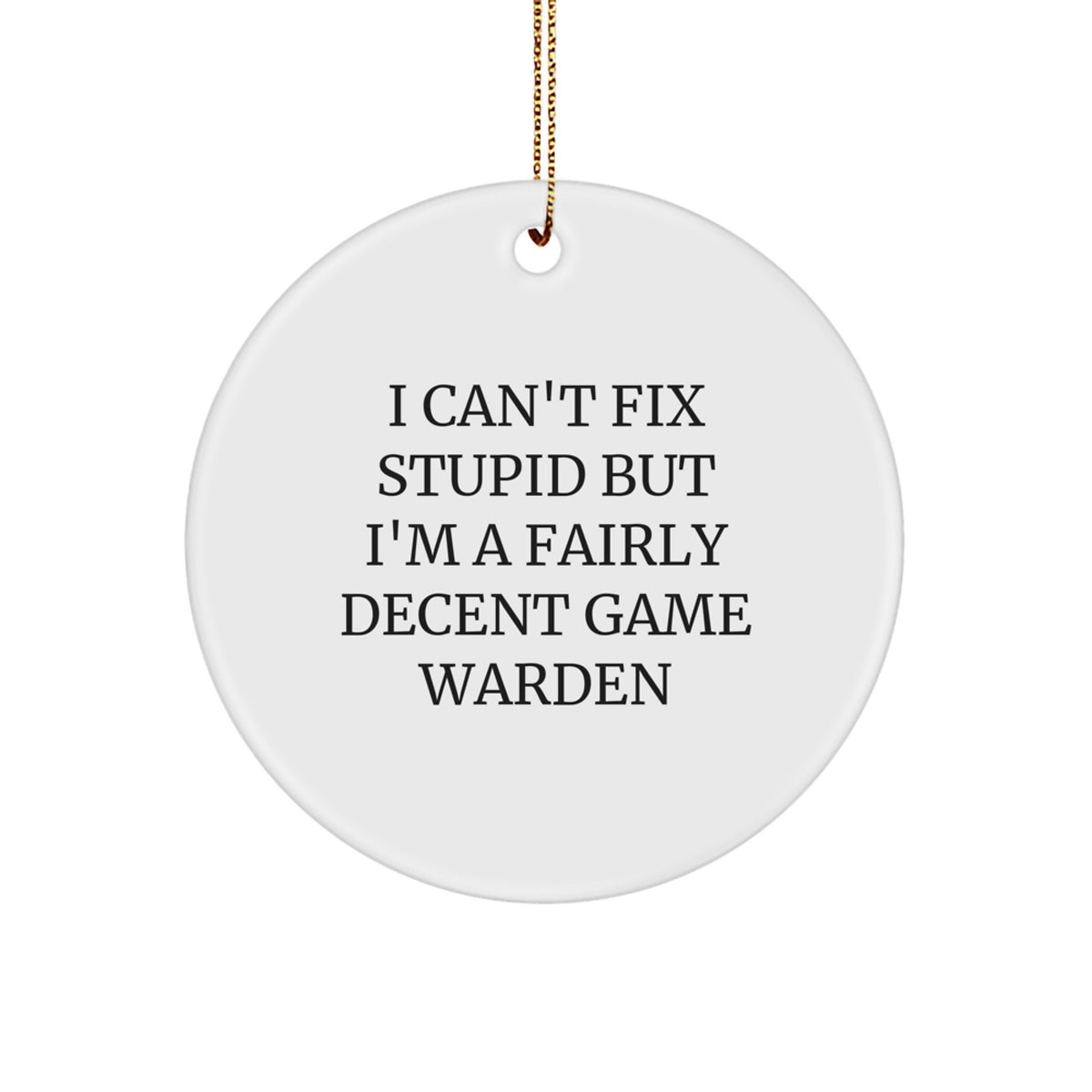 Game Warden Gifts for Men, I Can't Fix Stupid But I'm A Fairly Decent Game Warden, Circle Ornament, Funny Christmas Unique Gift - Image 1