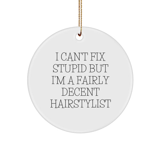 Hairstylist Gifts from Men to Friends - 'I Can't Fix Stupid But I'm A Fairly Decent Hairstylist' Circle Ornament for Christmas - Image 1