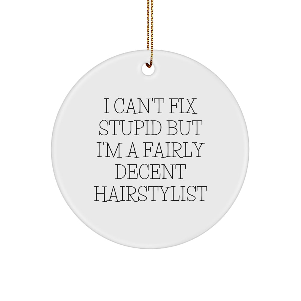 Hairstylist Gifts from Men to Friends - 'I Can't Fix Stupid But I'm A Fairly Decent Hairstylist' Circle Ornament for Christmas - Image 1