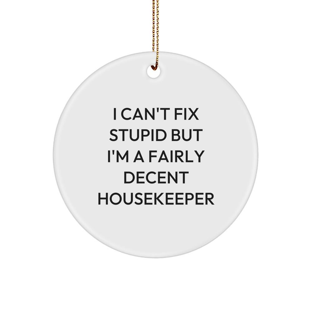 Funny Housekeeper Gifts - I Can't Fix Stupid But I'm A Fairly Decent Housekeeper Circle Ornament, Housekeeper Quotes, Christmas Unique Gifts for Housekeeper, Gifts from Family - Image 1