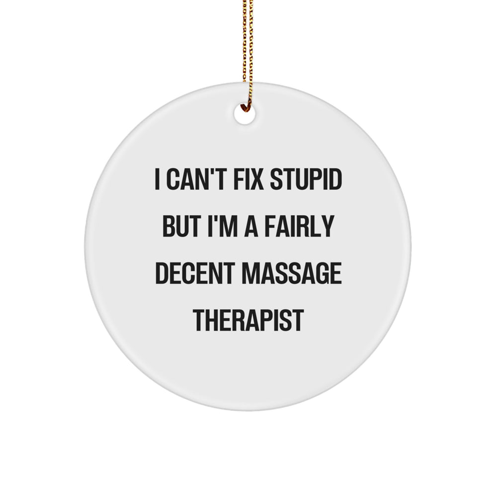 Funny Massage Therapist Gifts from Friends and Family - Circle Ornament, 'I Can't Fix Stupid But I'm A Fairly Decent Massage Therapist' Quote, White, Christmas - Image 1