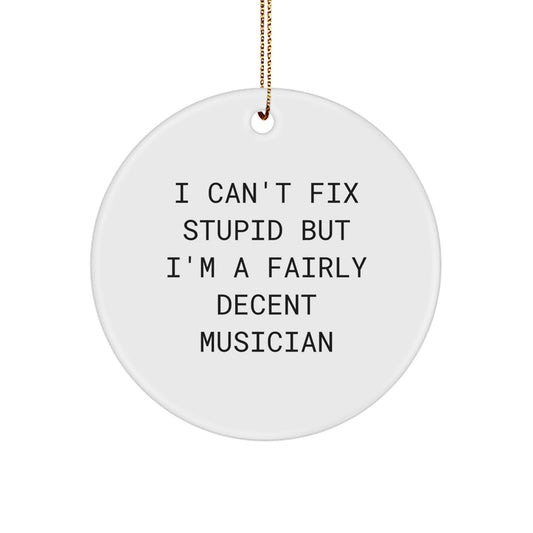 Funny Musician Gifts from Friends and Family - I Can't Fix Stupid But I'm A Fairly Decent Musician Circle Ornament for Christmas - Image 1