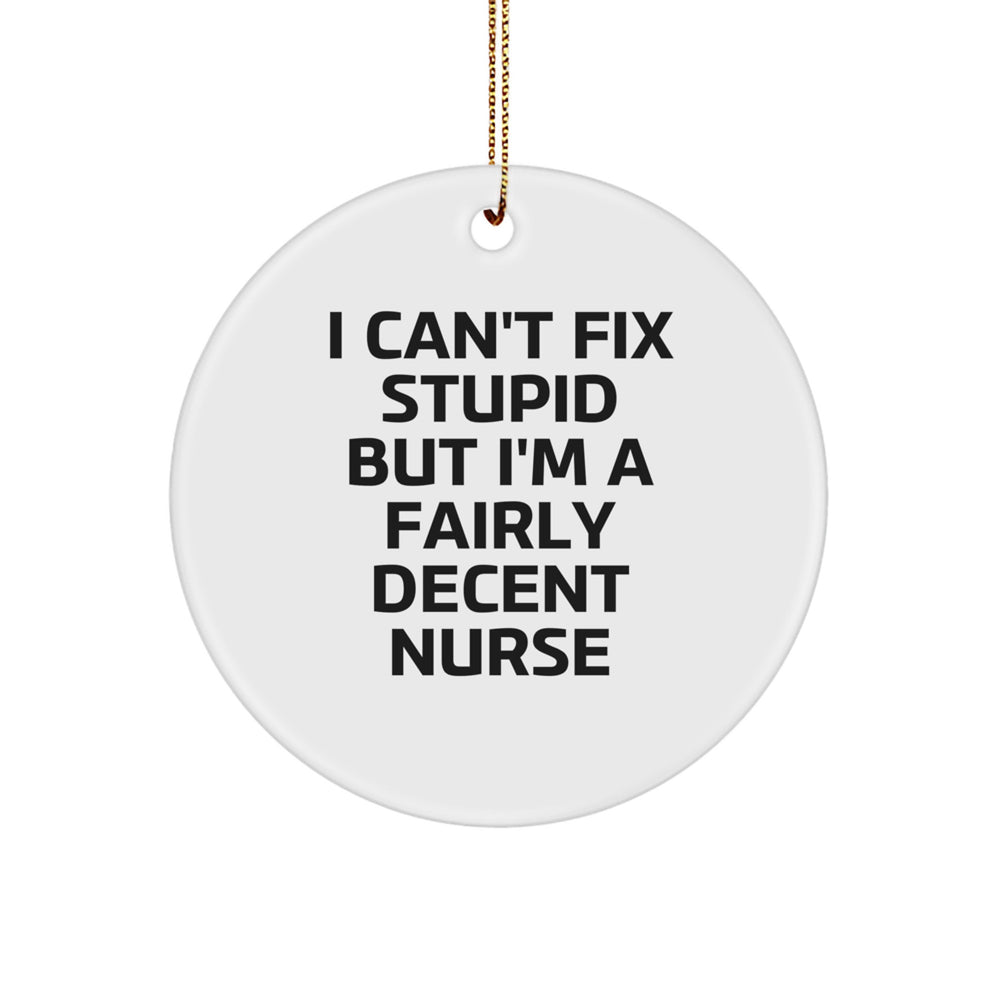 Funny Nurse Gifts from Friends - I Can't Fix Stupid But I'm A Fairly Decent Nurse Circle Ornament for Christmas - Image 1