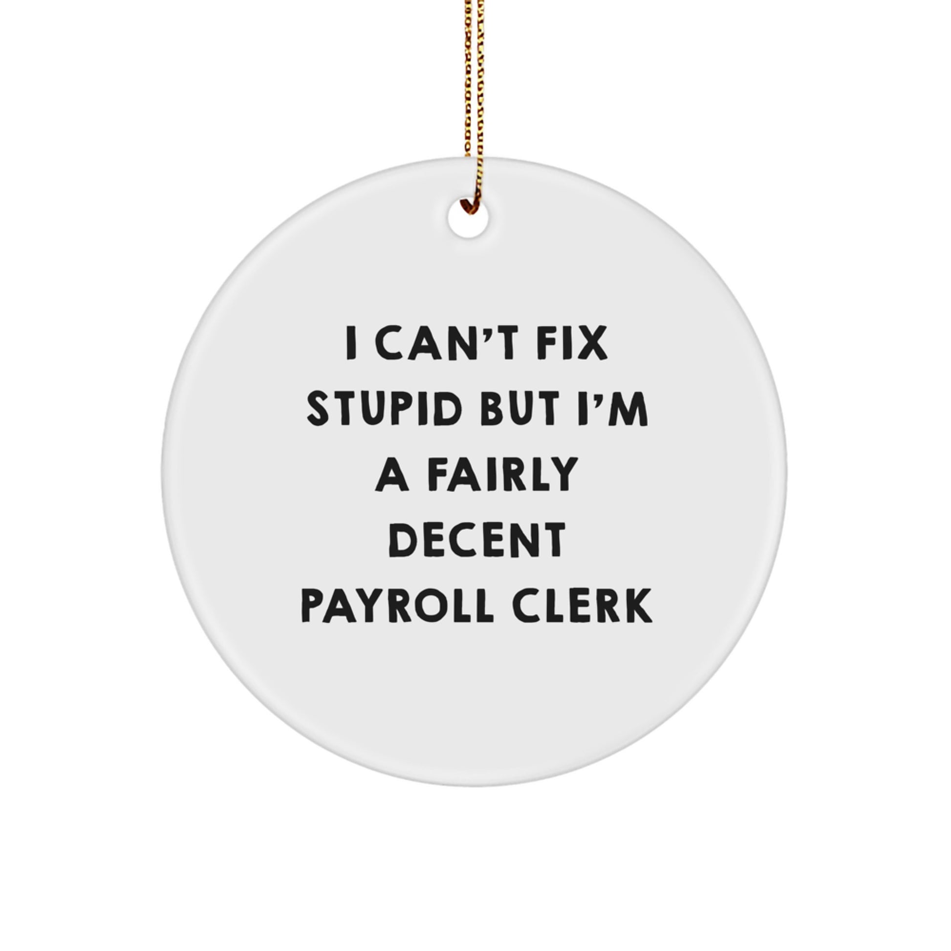 Funny Payroll Clerk Gifts for Men, I Can't Fix Stupid But I'm A Fairly Decent Payroll Clerk Circle Ornament, White, Christmas Unique Presents from Family - Image 1